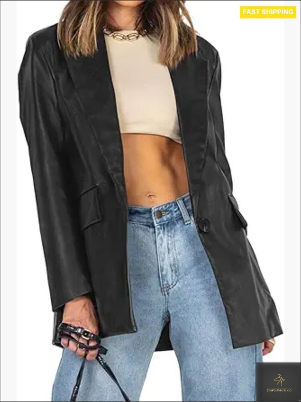 Oversized Faux Leather Jacket Blazer Lapel Button Down Long Sleeve Shacket Coat